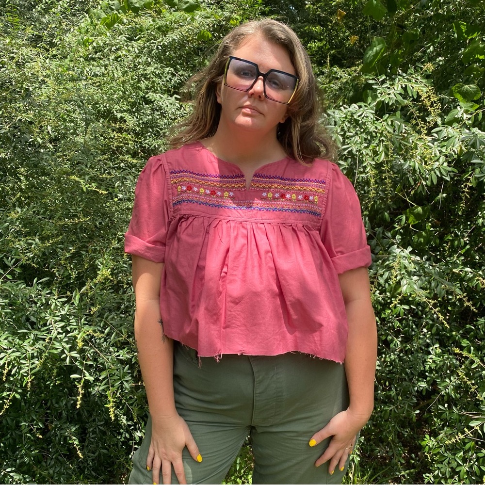 Vintage embroidered flower babydoll crop top